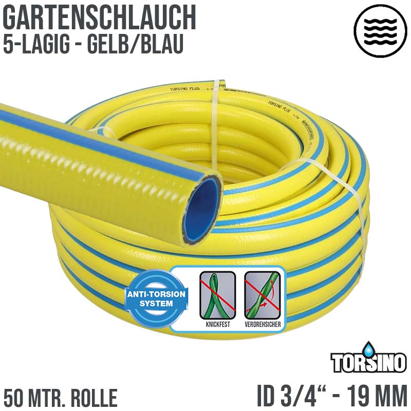 19 mm 3/4" Zoll 5-lagiger Garten Wasser Bewässerung Schlauch gelb Torsiono Plus PN 8 bar - 50m