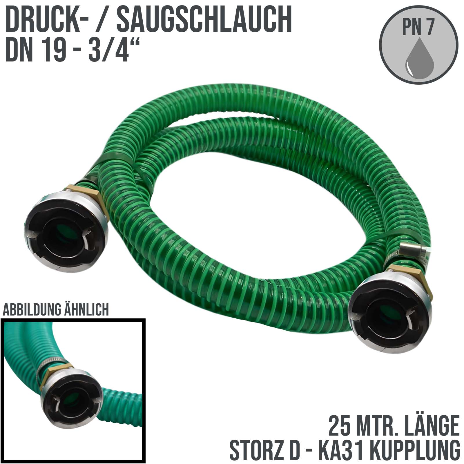 STORZ D DN25 KA31 - 19 mm 3/4" PVC Saug Ansaug Pumpen Spiral Schlauch PN 7 bar grün - 25 m Rolle