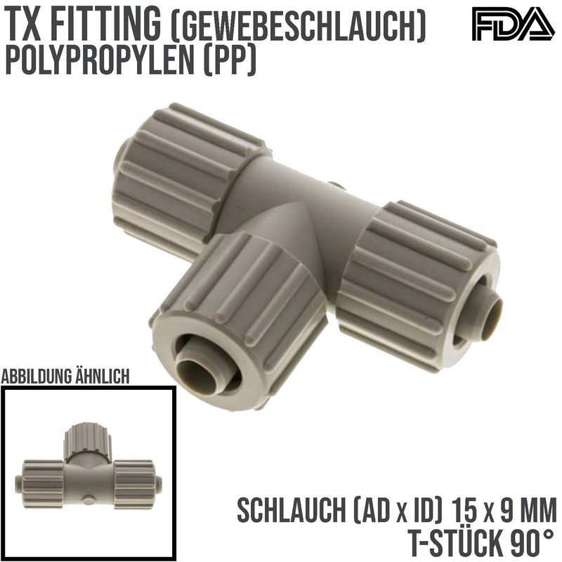 15 x 9 mm T-Stück 90° TX Fitting Gewebe Schlauch Verbinder FDA PP beige - PN 10 bar