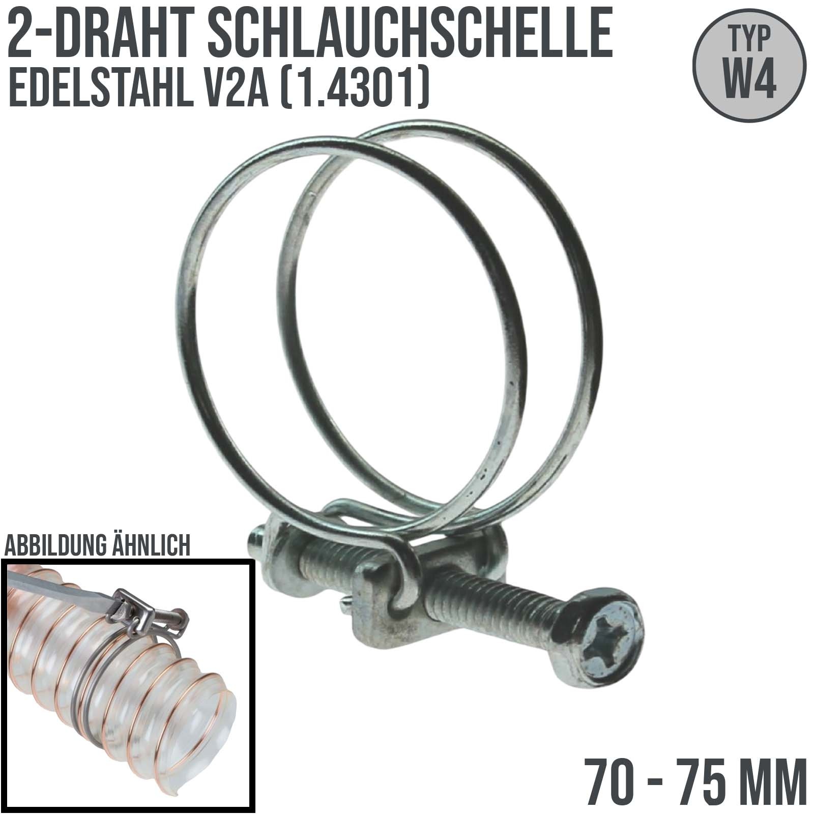 70 - 75mm 2 Draht Schlauch Schelle W4 Edelstahl AISI 1.4301