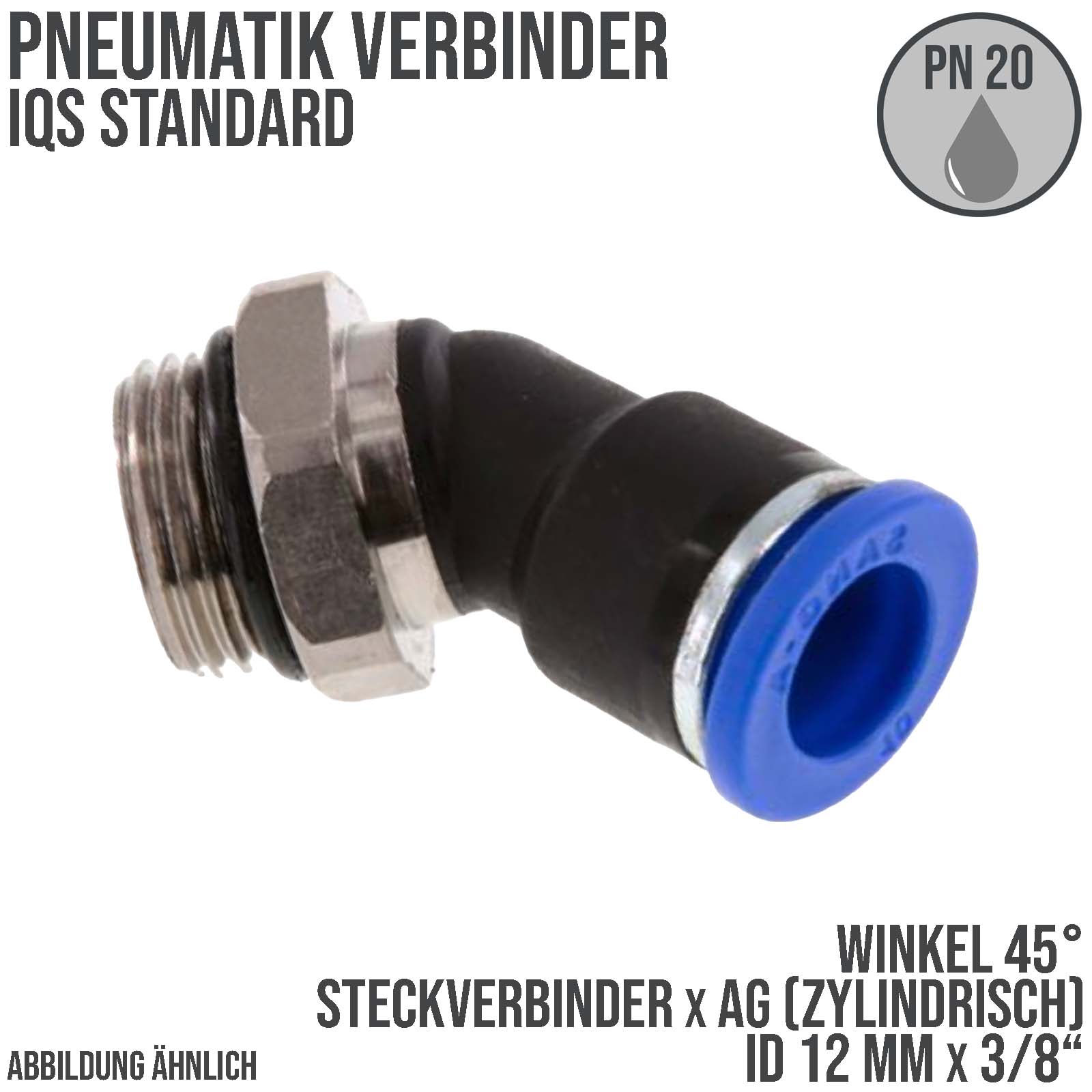 12 mm x 3/8" Pneumatik Steck Verbinder Winkel 45° IQS Außengewinde zylindrisch - PN 20 bar