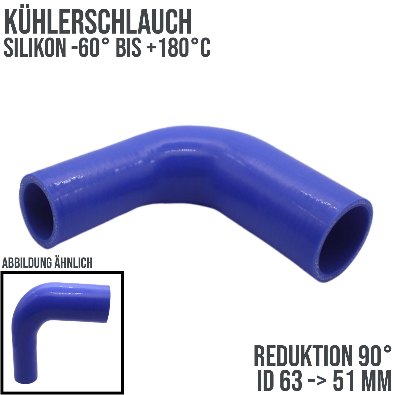 63 -> 51 mm ID Kühlerschlauch Reduktion 90° Verbinder Silikon LLK Ladeluft Kühlmittel Schlauch blau - 150mm