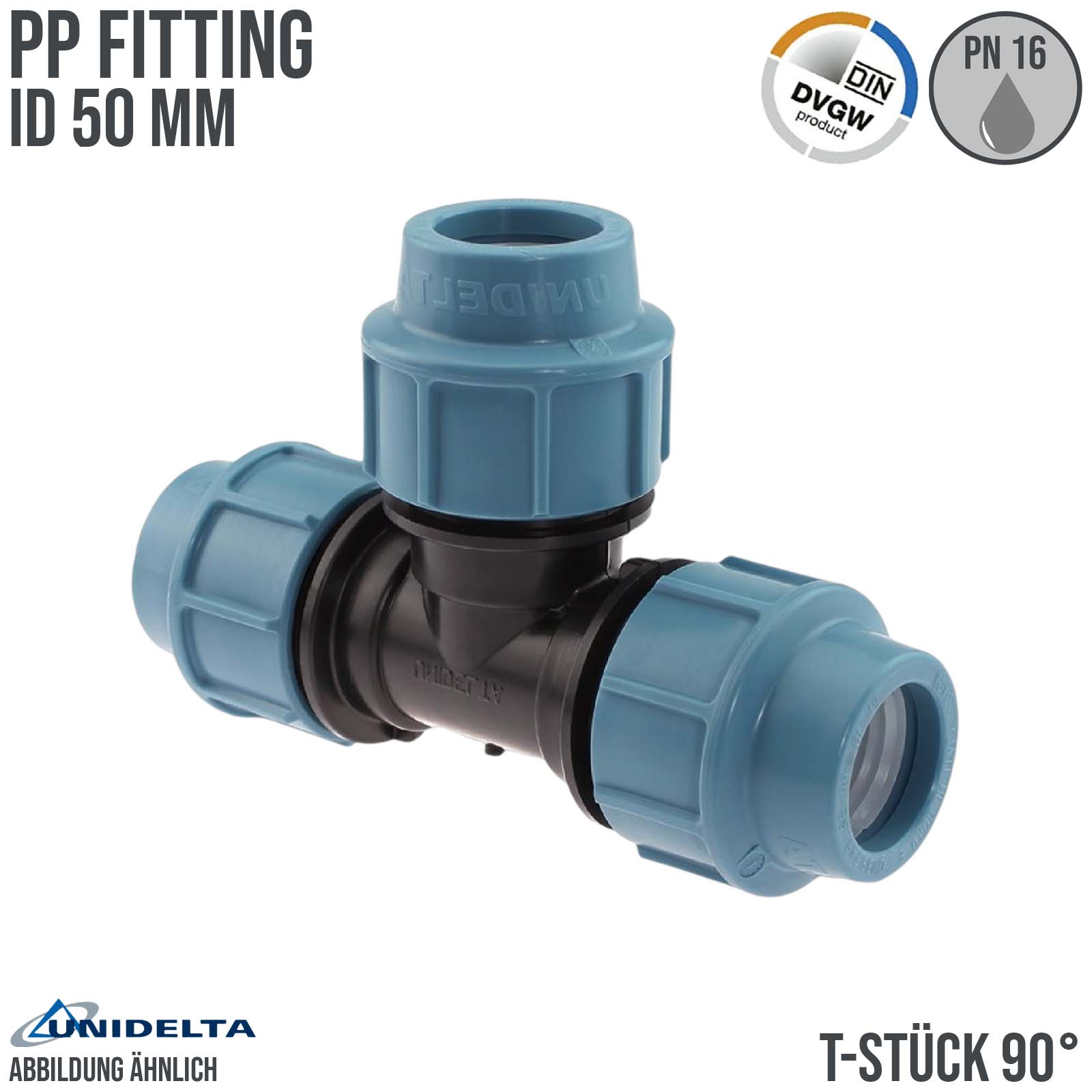 50 mm PE PP Fitting Klemm Verbinder Verschraubung Muffe Rohr Winkel 90° DVGW - Unidelta