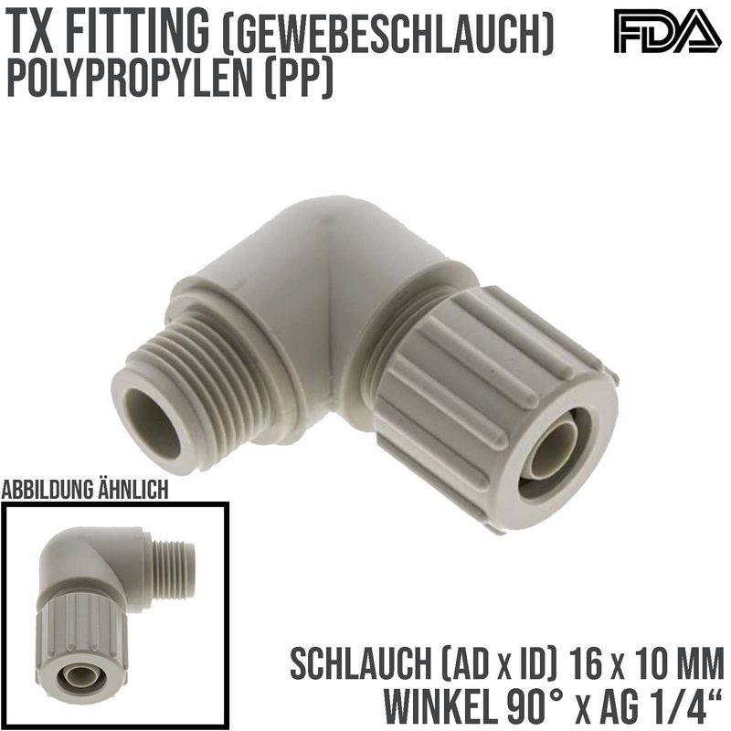 16 x 10 mm x 1/4" Winkel 90° Außengewinde TX Fitting Gewebe Schlauch Verbinder FDA PP beige - PN 10 bar