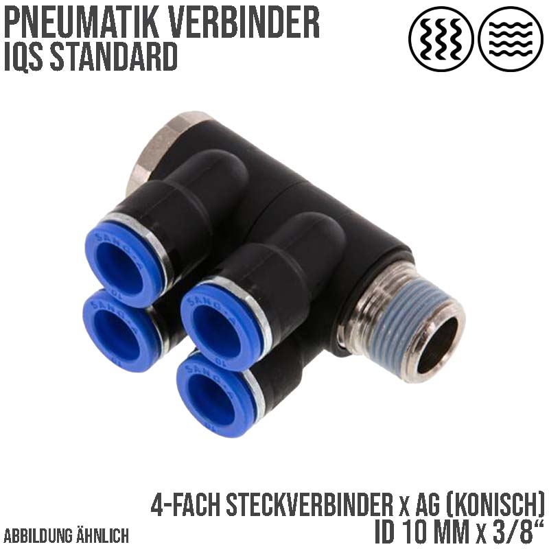 10 mm x 3/8" Pneumatik Steck Verbinder 4-fach Verteiler IQS Außengewinde konisch - PN 20 bar