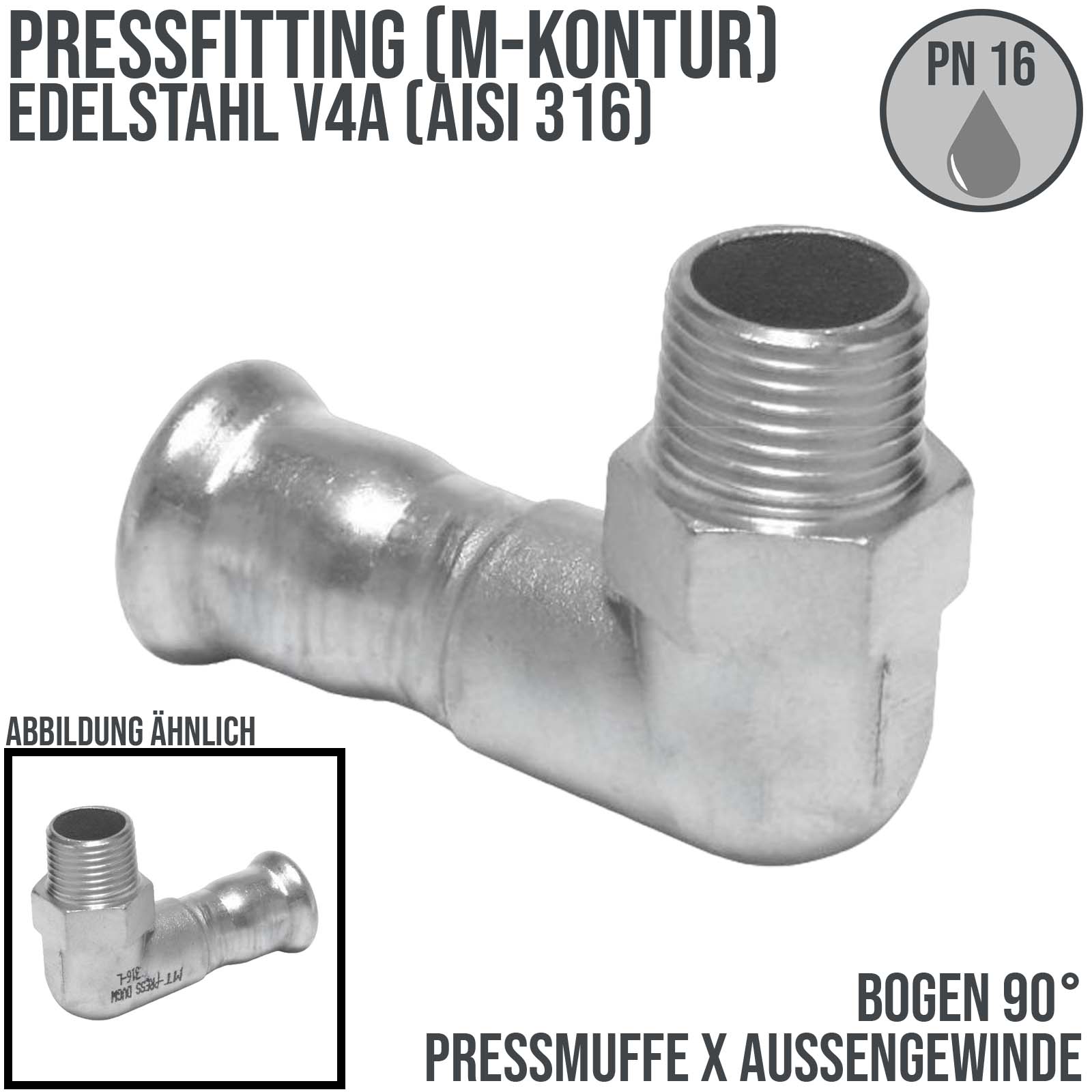 54 mm x 2" Winkel 90° Muffe x Aussengewinde AG Edelstahl AISI 316 Fittings PN 16 bar