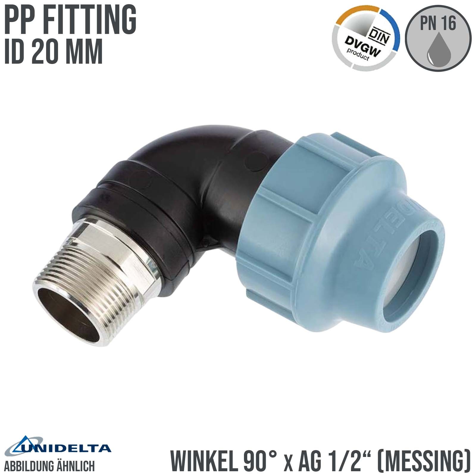 20 mm x 1/2" PE PP Fitting Klemm Verbinder Rohr Winkel 90° x Messing AG DVGW - Unidelta 
