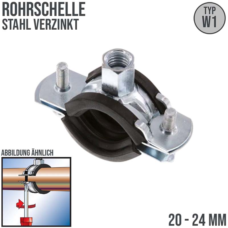 20 - 24 mm Rohr Schraub Schelle Klemme Gummieinlage Fischer M8 M10 2-teilig W1 Stahl verzinkt DIN 4109