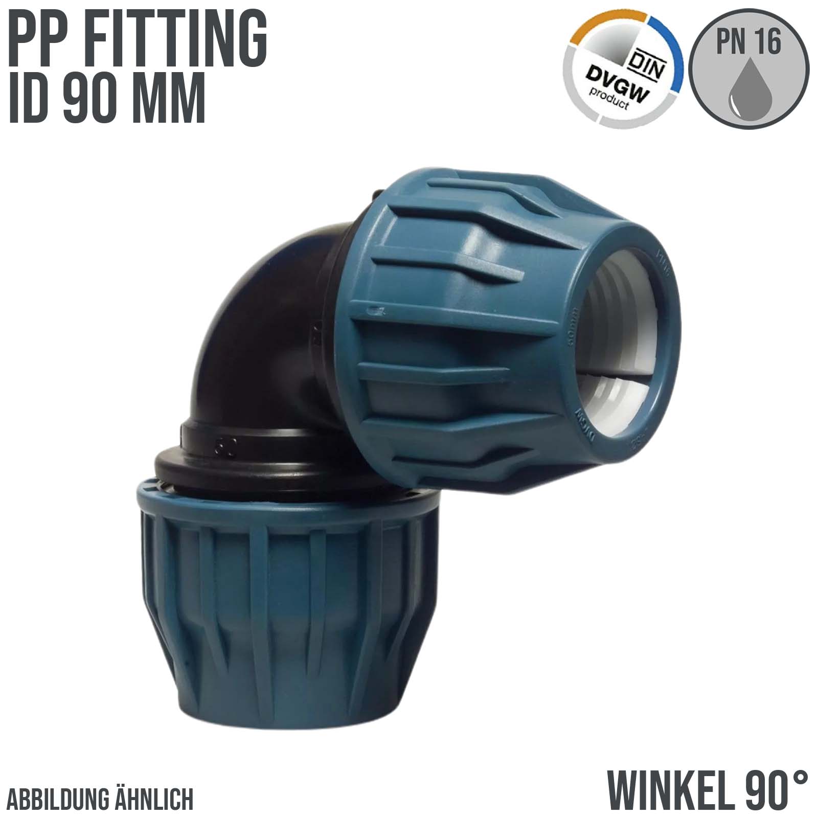 90 mm PE PP Fitting Klemm Verbinder Verschraubung Muffe Rohr Winkel 90° DVGW - PN 16 bar