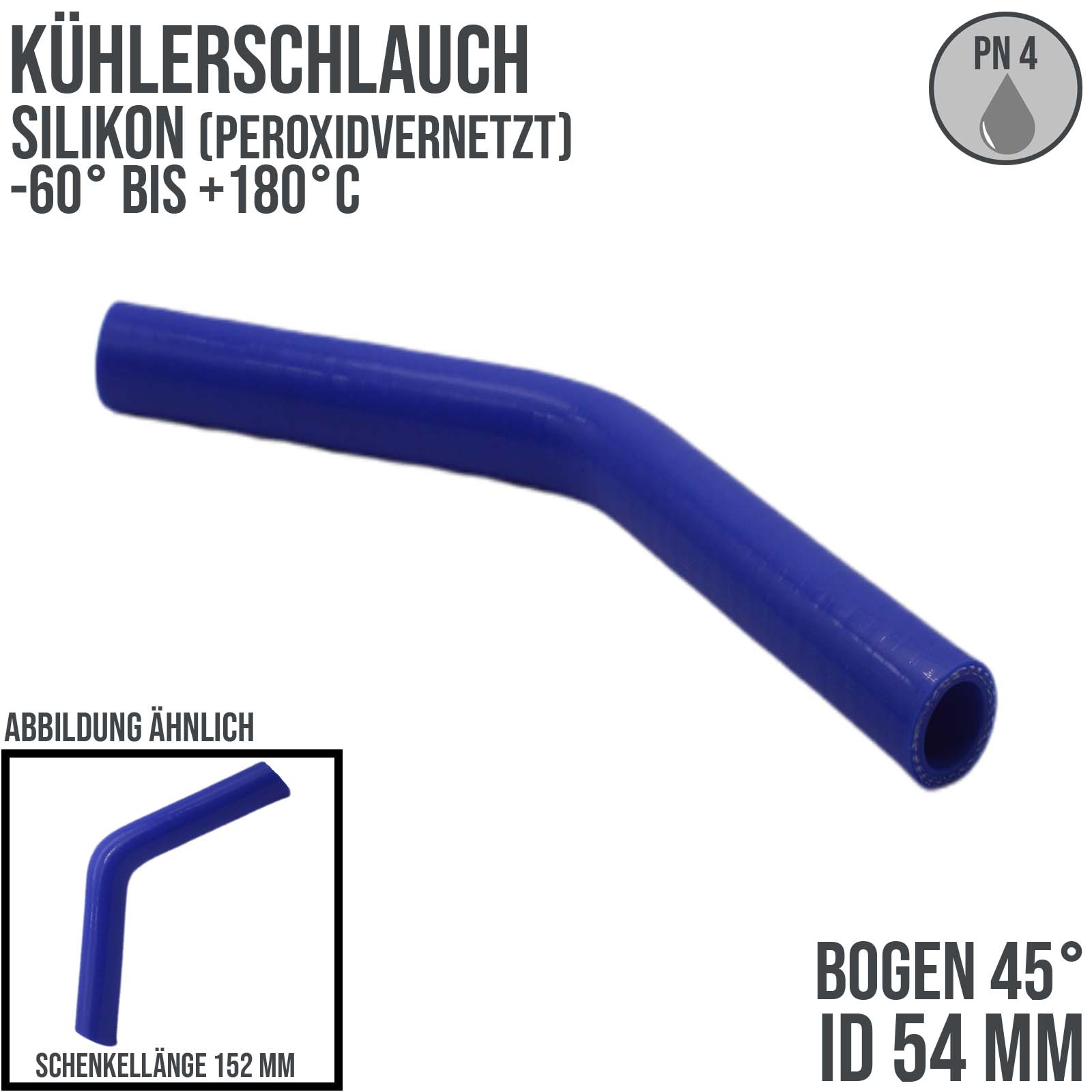 54 x 64 mm Kühlerschlauch Silikon Bogen 45° LLK Ladeluft Kühlmittel Schlauch blau (4,0 bar) - 152 mm