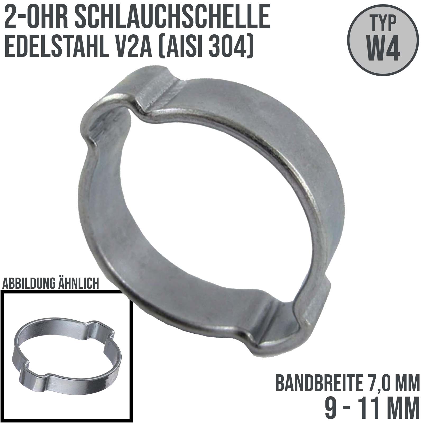 9 - 11 mm 2-Ohr Doppel Schlauch Schelle Edelstahl 1.4307 W4 - Bandbr. 7,0 mm