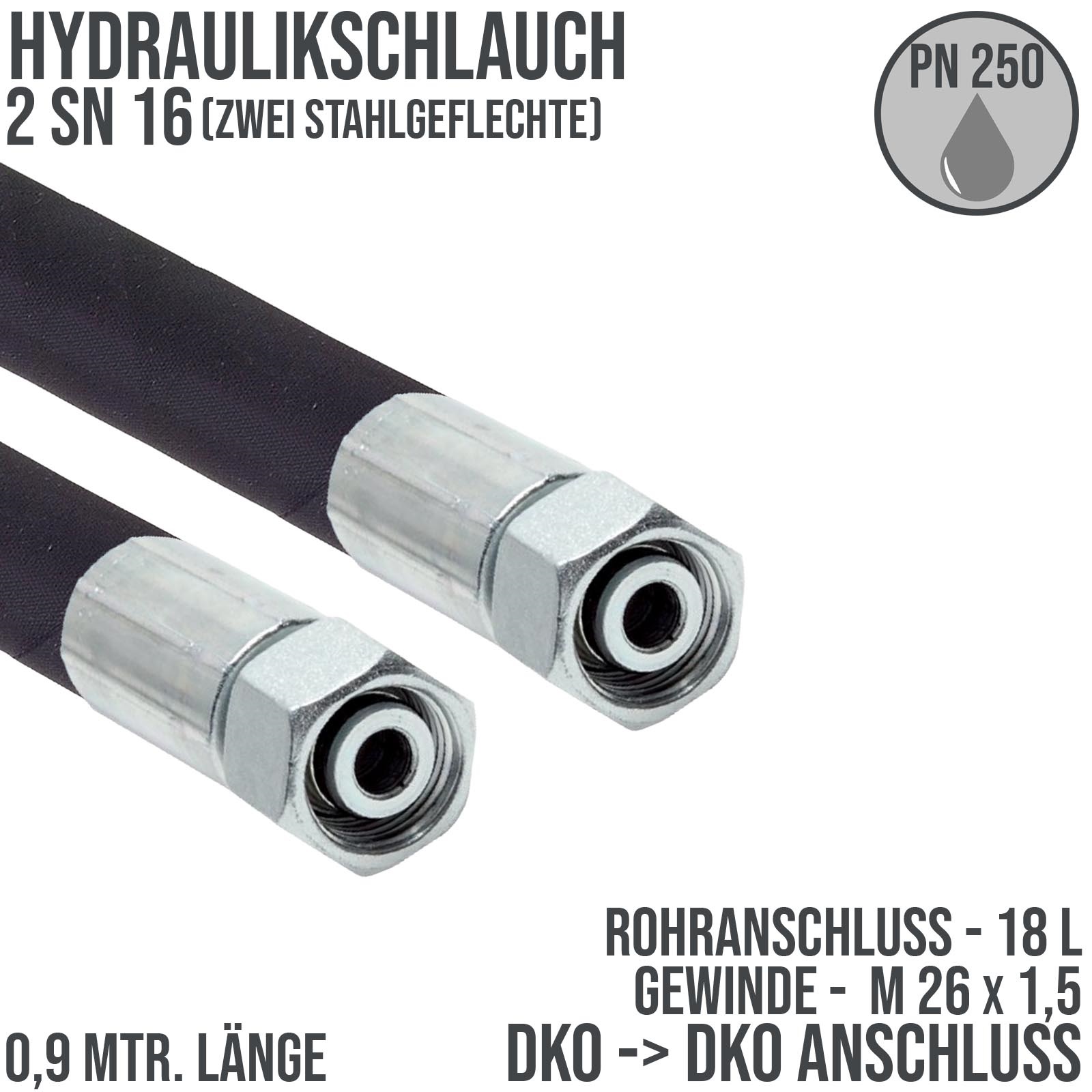 Hydraulikschlauch DN 16 2SN16 - 18 L DKO auf DKO Anschluss IG (M 26 x 1,5) - 900 mm