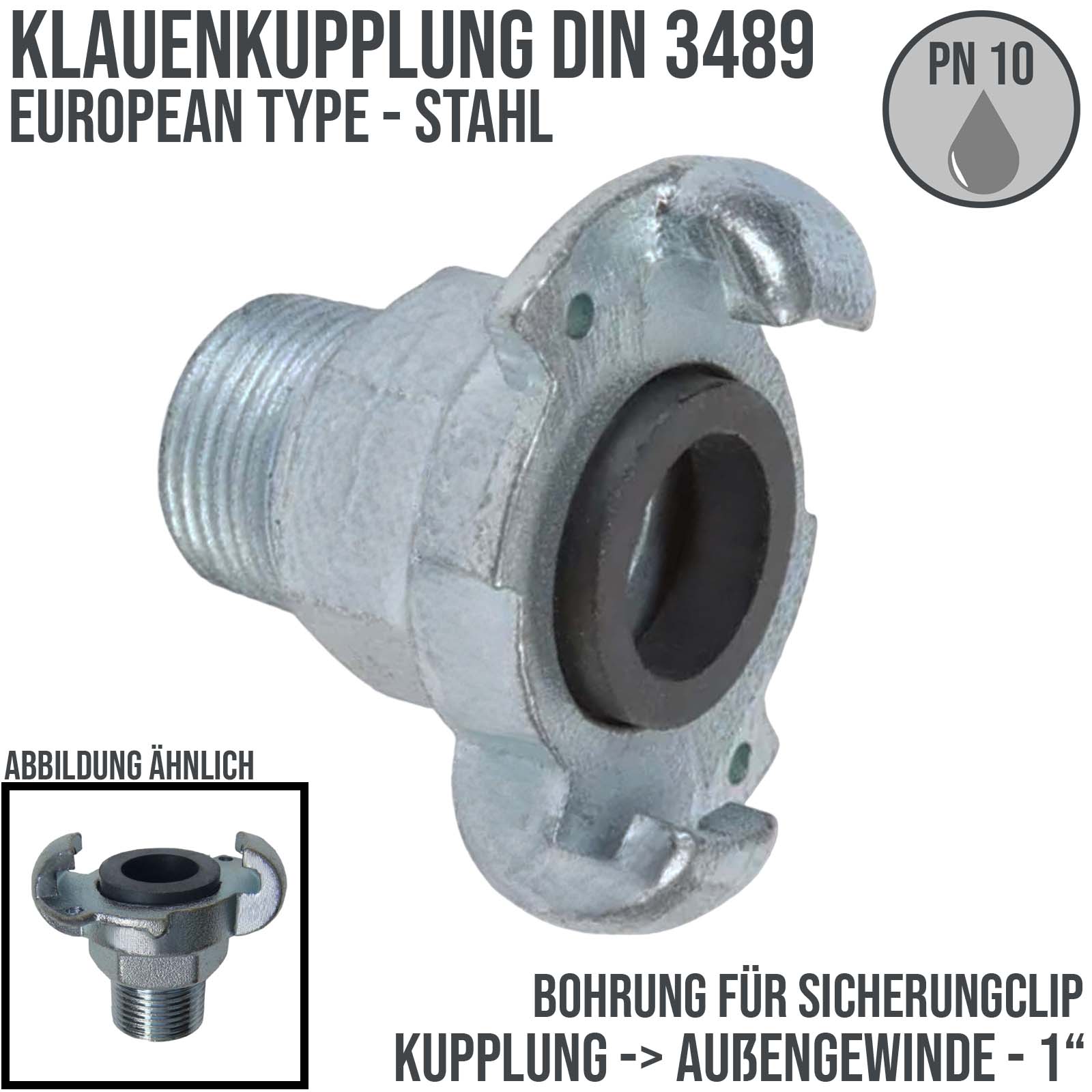 1" Klauen Kupplung Stahl European Type Abstand 42 mm Bohrung Außengewinde AG - PN 10 bar