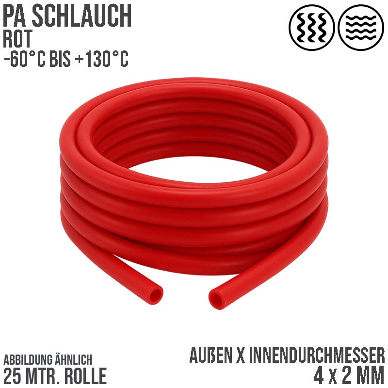 4 x 2 mm Polyamid PA Pneumatik Schlauch rot - PN 44 bar - 25 m