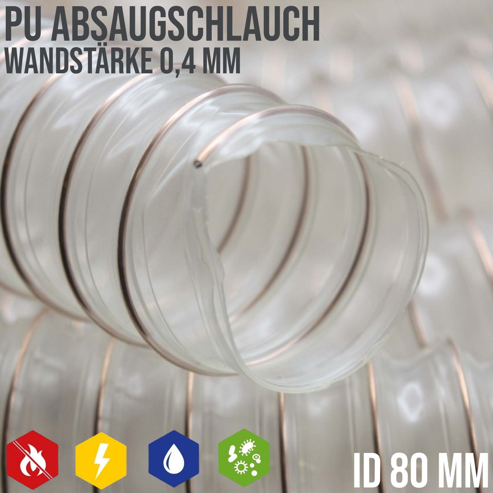 80 mm PU Saug Ansaug Druck Spiral Flex Staub Holz Metall Späne Schlauch Anlage - Wandstärke 0,4 mm  - PN 0,28 bar