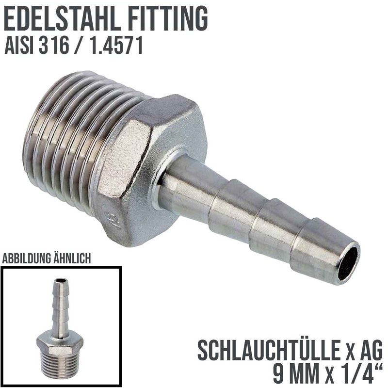 9 mm x 1/4" Zoll Schlauch Tülle Stutzen Außengewinde AG Nippel Edelstahl AISI 316 VA  Fitting - PN 20 bar