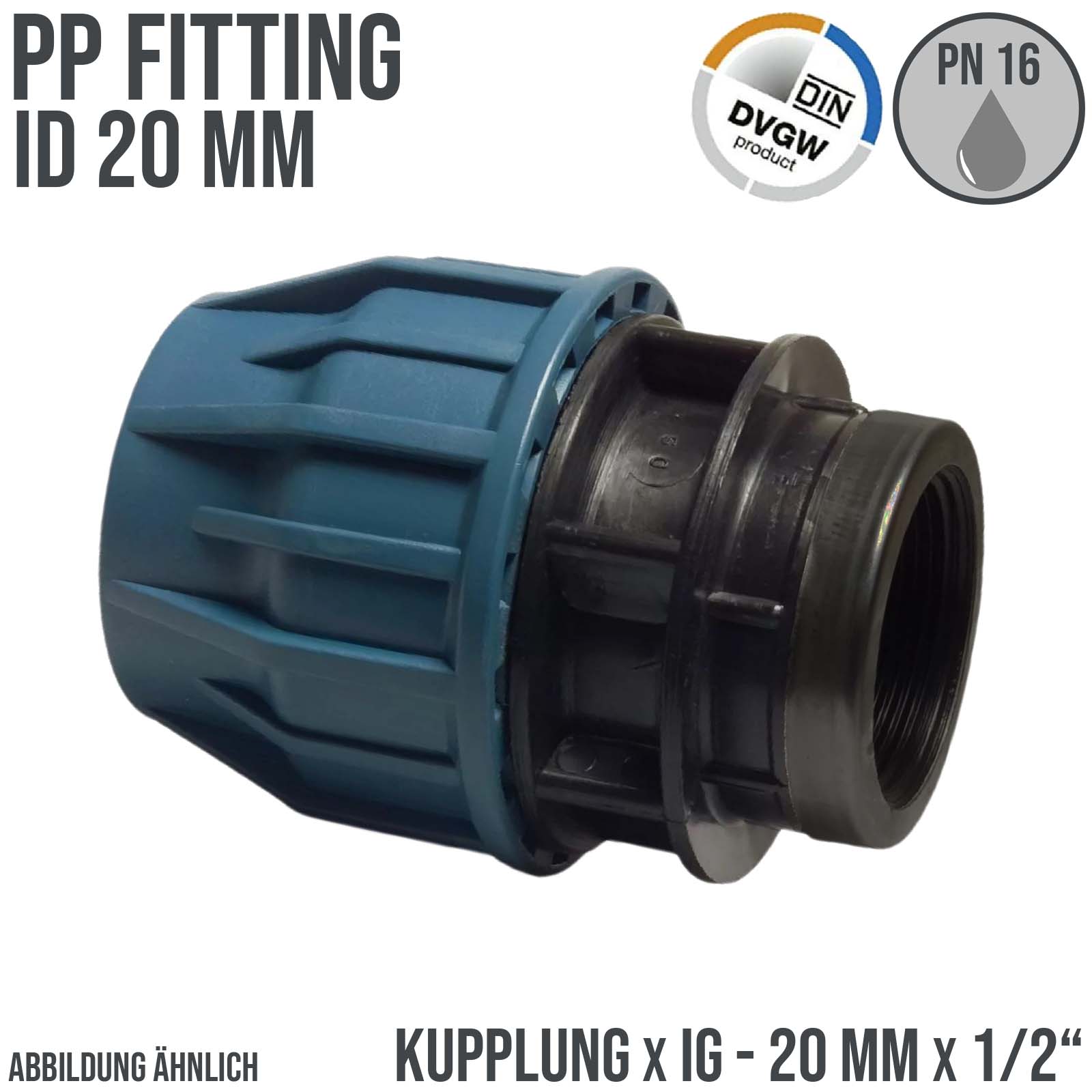 20 mm x 1/2" PE PP Fitting Klemm Verbinder Verschraubung Muffe Rohr Kupplung x IG DVGW - PN 16 bar
