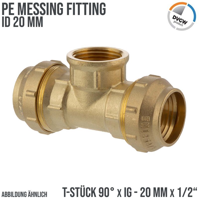 20 mm x 1/2" PE Fitting Klemm Verbinder Messing Verschraubung Muffe T-Stück 90° x IG DVGW - PN 16 bar