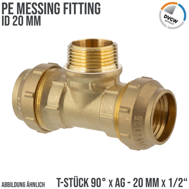 20 mm x 1/2" PE Fitting Klemm Verbinder Messing Verschraubung Muffe T-Stück 90° x AG DVGW - PN 16 bar