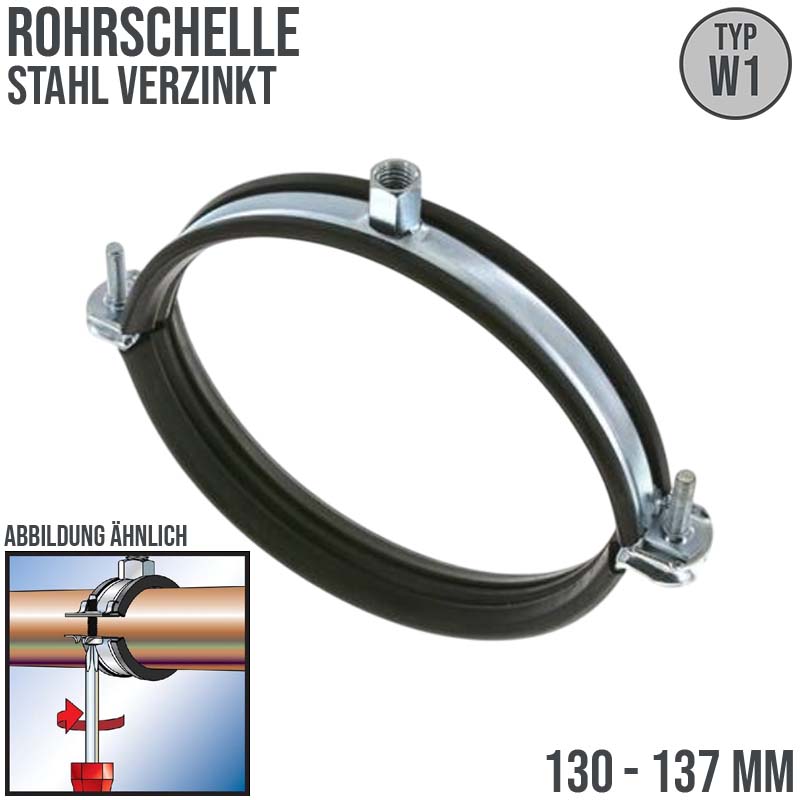 130 - 137 mm Rohr Schraub Schelle Klemme Gummieinlage Fischer M8 M10 2-teilig W1 Stahl verzinkt DIN 4109