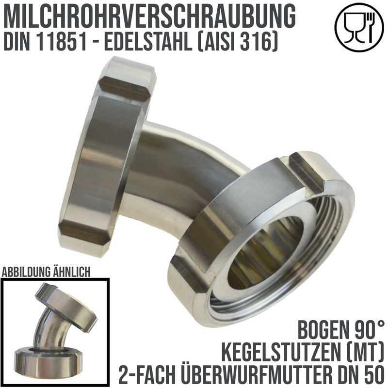 DN 50 Milchrohr Verschraubung DIN 11851 Mutterteil Kegel Stutzen 45° Bogen Innen x Innengewinde - PN 25 bar