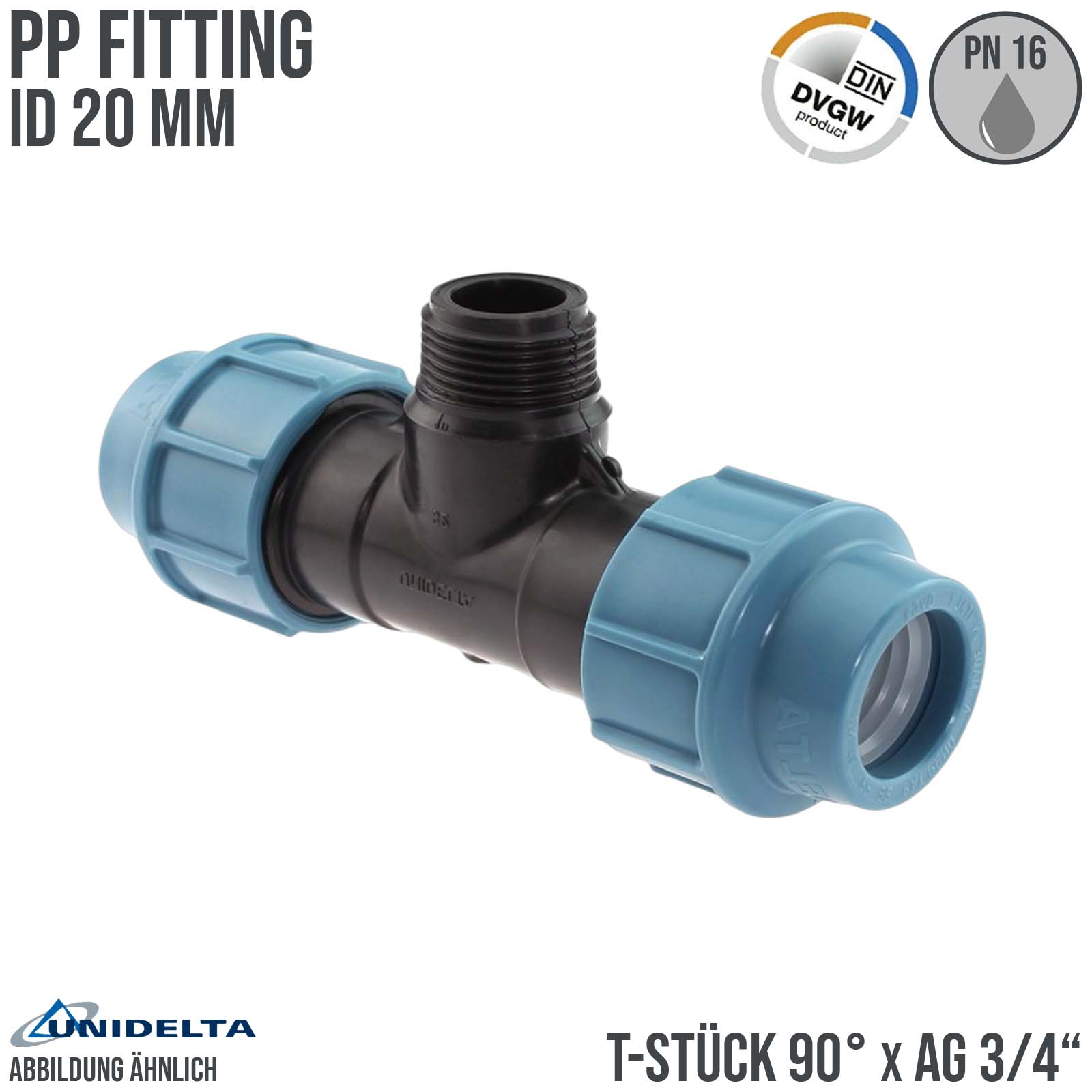 20 mm x 1/2" PE PP Fitting Klemm Verbinder Verschraubung Rohr T-Stück 90° x AG DVGW - Unidelta 