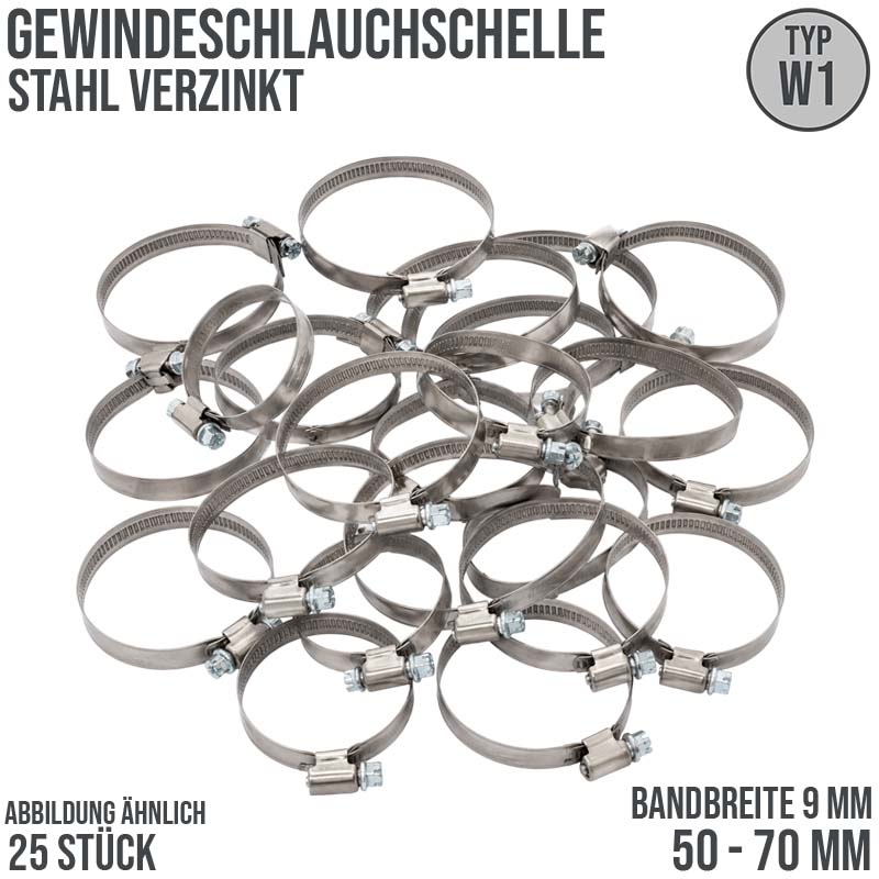 50 - 70 mm Schlauchschelle W1 Stahl verzinket Rohr Gewinde Schelle (Band 9 mm) - 25 Stück