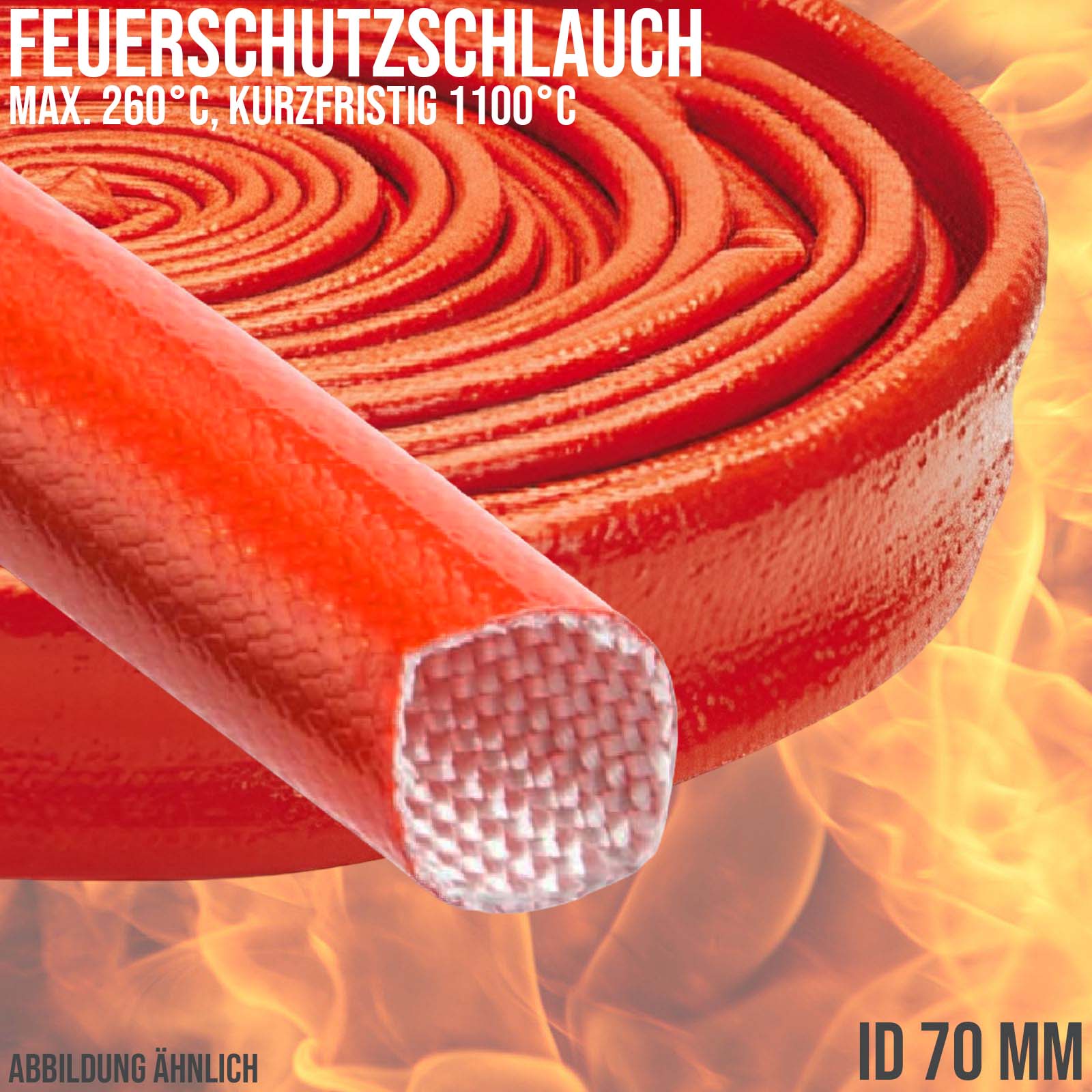 70 x 4,3 mm Feuer Flamm Brand Schutz Schlauch Silikon Fiberglas DN rot EN 45545 DIN5510-2 - 20 m
