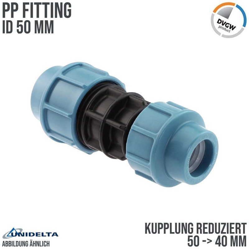 50 x 40 mm PE PP Fitting Klemm Verbinder reduziert Verschraubung Muffe Kupplung DVGW - Unidelta