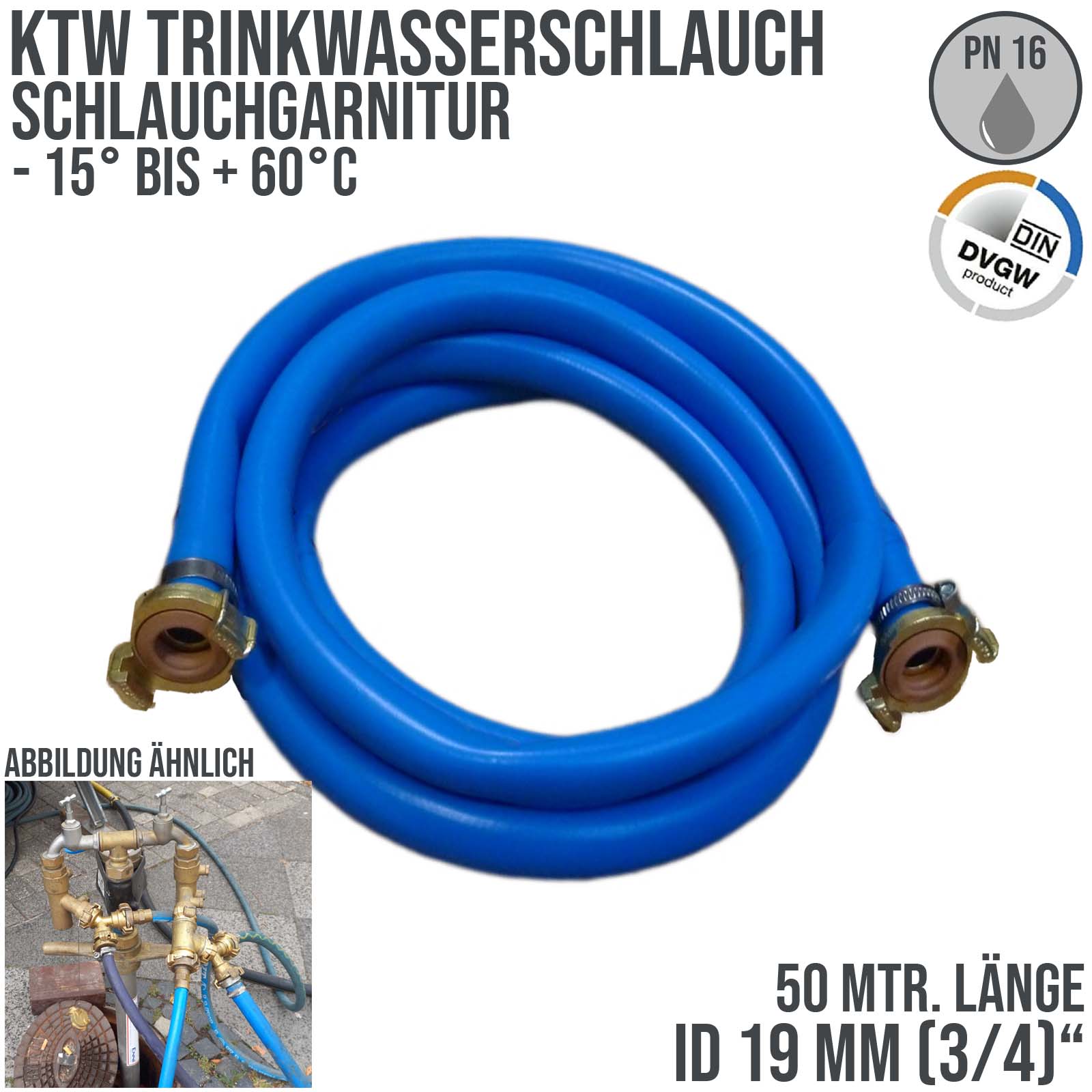 19 mm 3/4" Zoll TPE Trinkwasser Garnitur GEKA-Schnellkupplung Kirmes Schlauch KTW DVGW PN15 bar - 50 m
