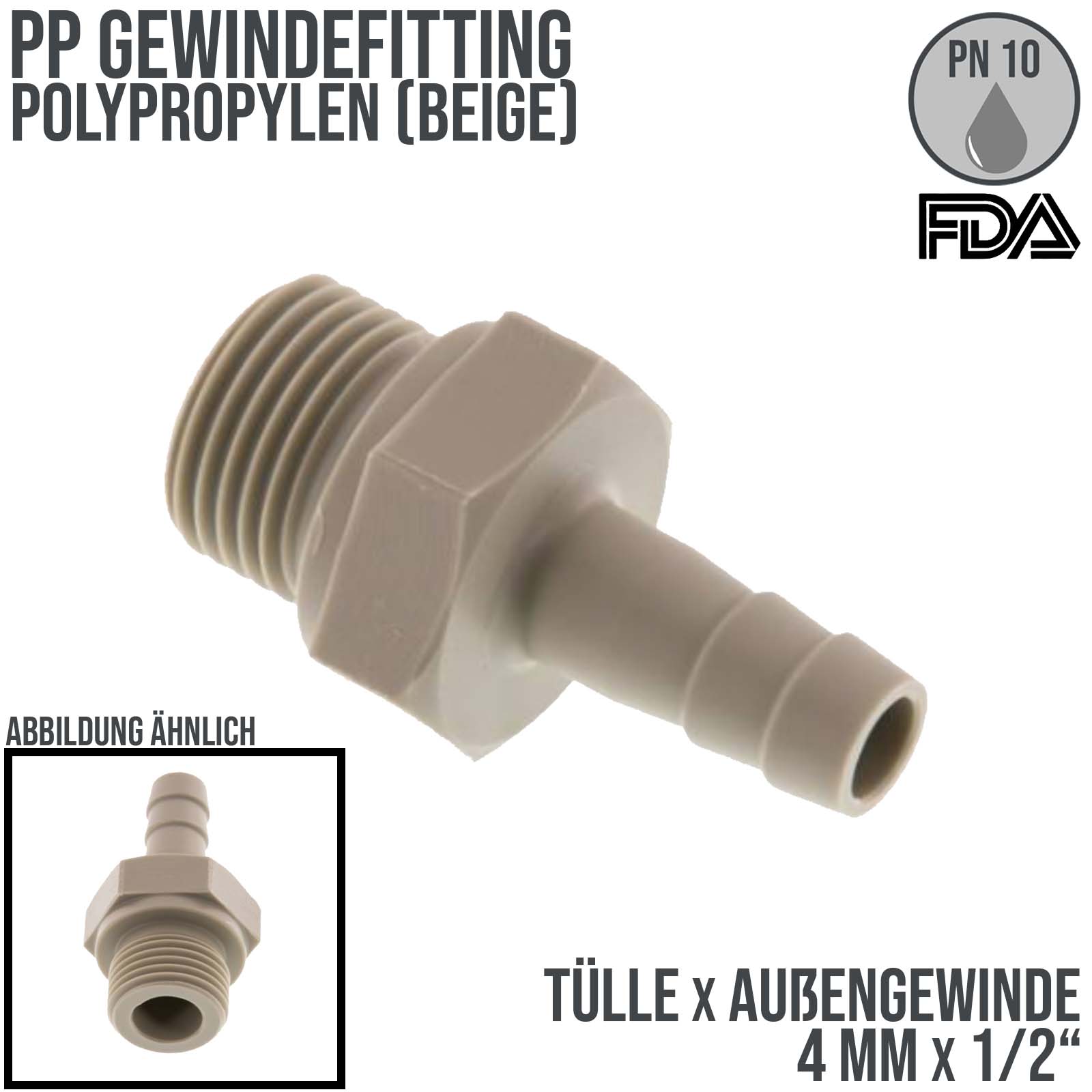 PP Gewindefitting (FDA)| Schlauchtülle x AG -  4mm x 1/2" [PN10]