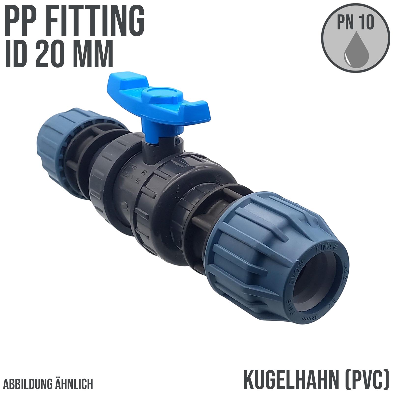 20 mm PE PP Fitting Klemm Verbinder Verschraubung Kugelhahn (blau) mit 2-fach Muffe