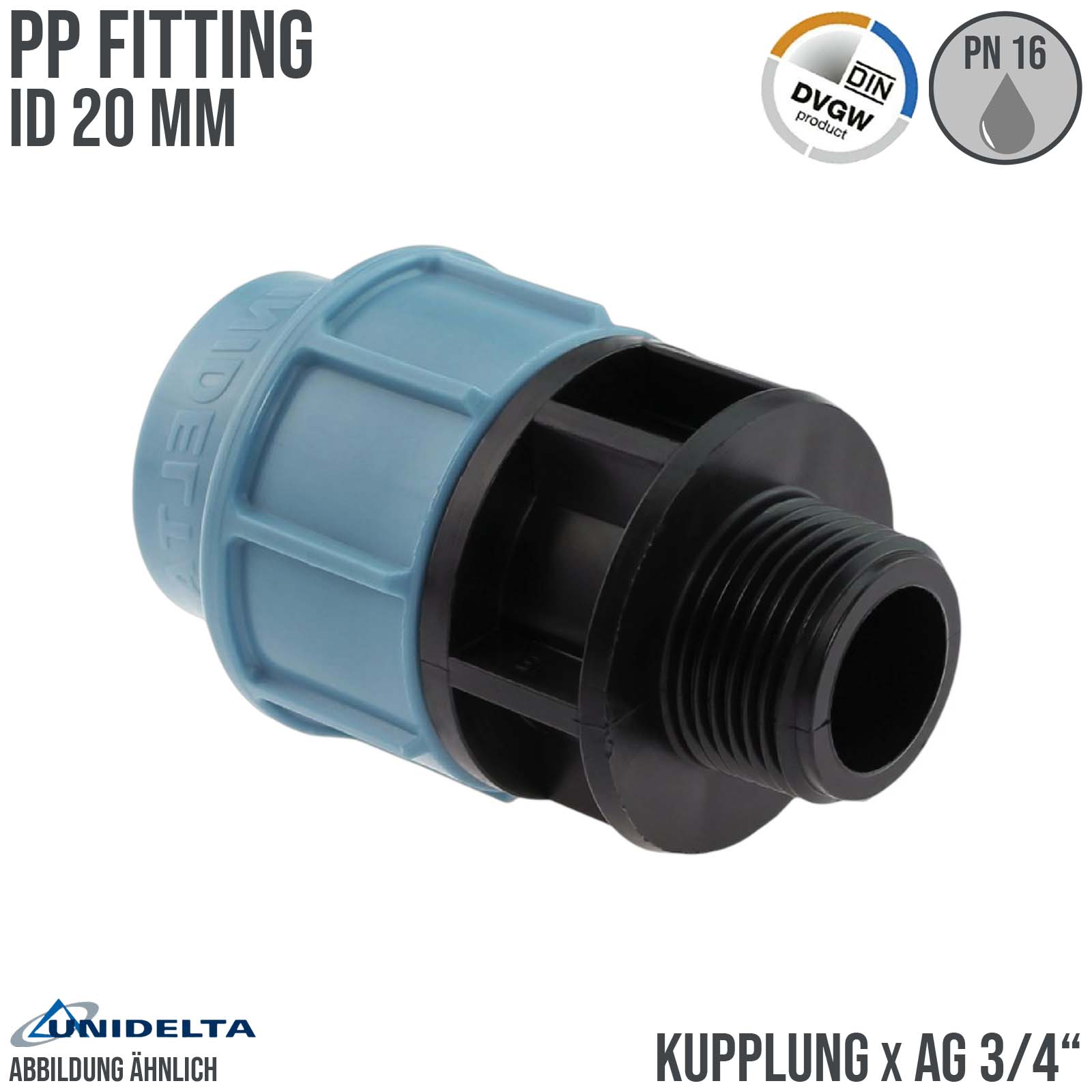 20 mm x 3/4" PE PP Fitting Klemm Verbinder Verschraubung Muffe Rohr Kupplung x AG DVGW - Unidelta
