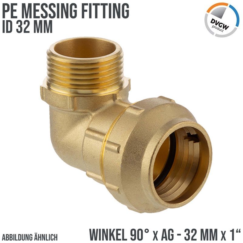 32 mm x 1" PE Fitting Klemm Verbinder Messing Verschraubung Muffe Winkel 90° x AG DVGW - PN 16 bar