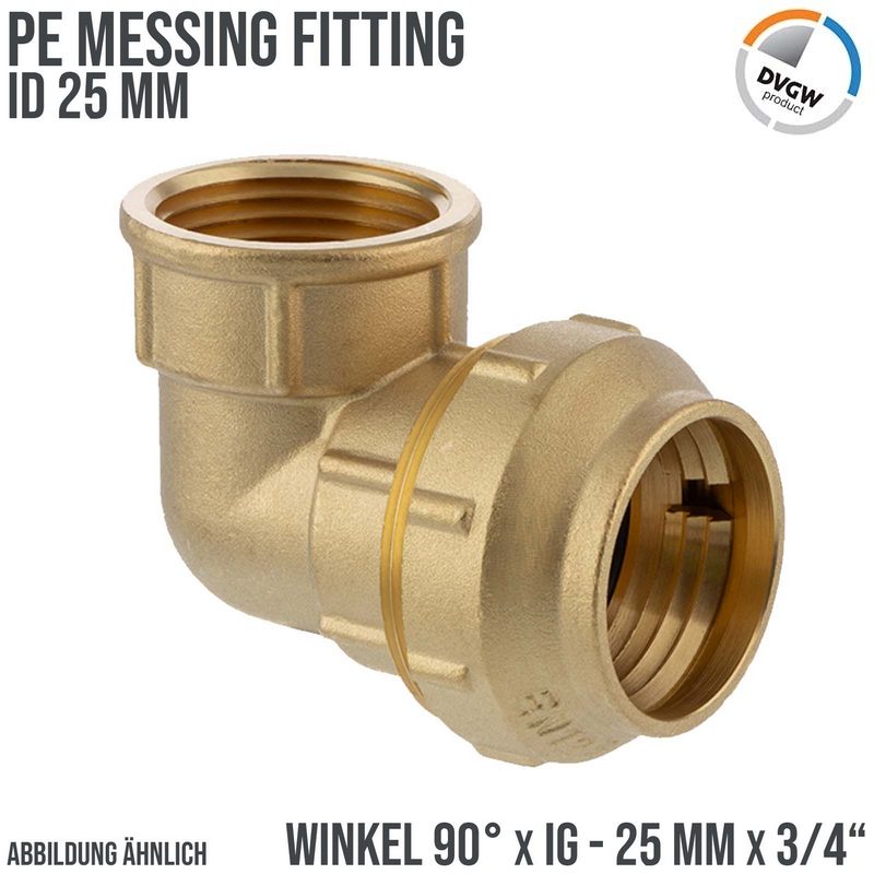 25 mm x 3/4" PE Fitting Klemm Verbinder Messing Verschraubung Muffe Winkel 90° x IG DVGW - PN 16 bar