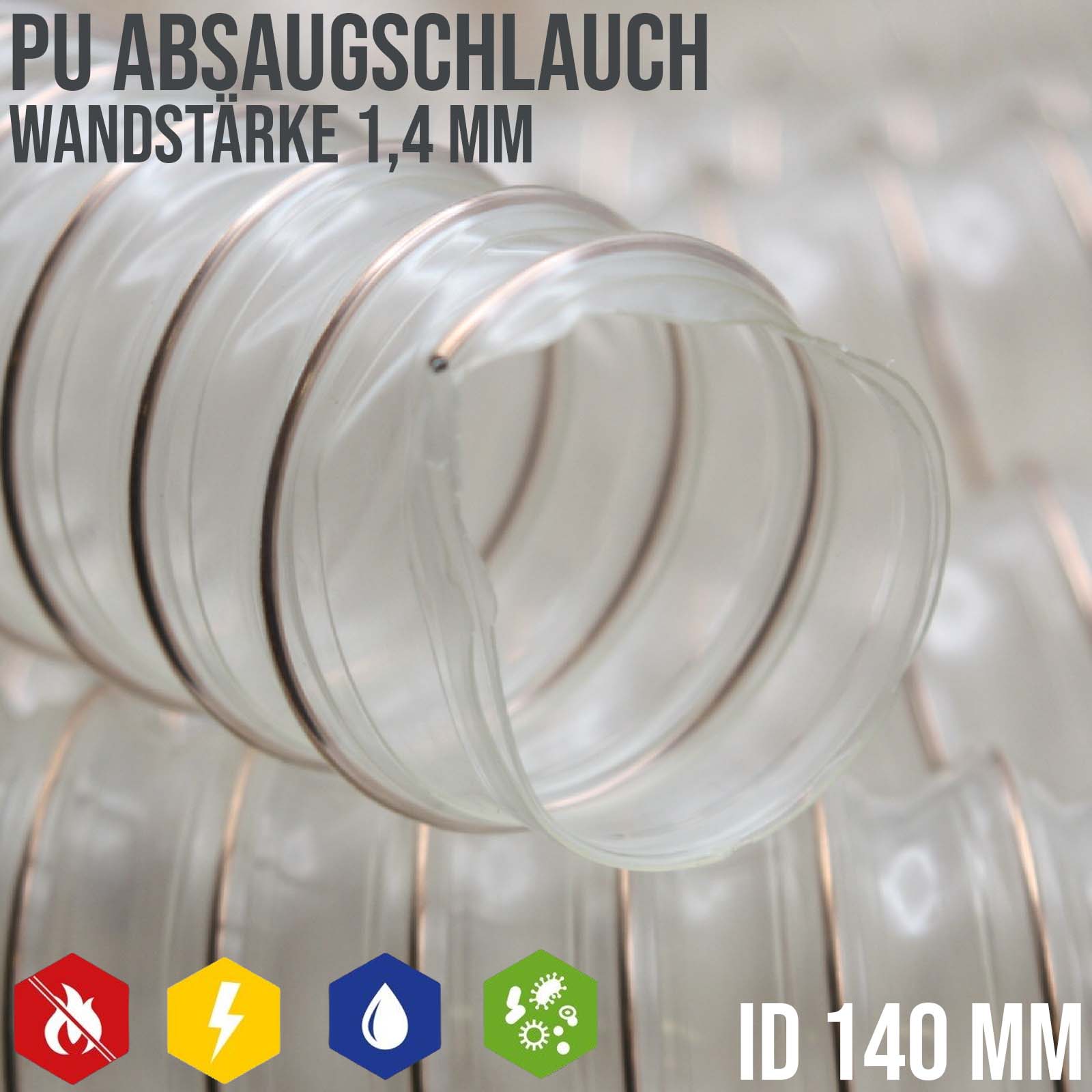 140 mm PU Saug Ansaug Druck Spiral Flex Staub Holz Metall Späne Schlauch Anlage - Wandstärke 1,4 mm - PN 0,77 bar