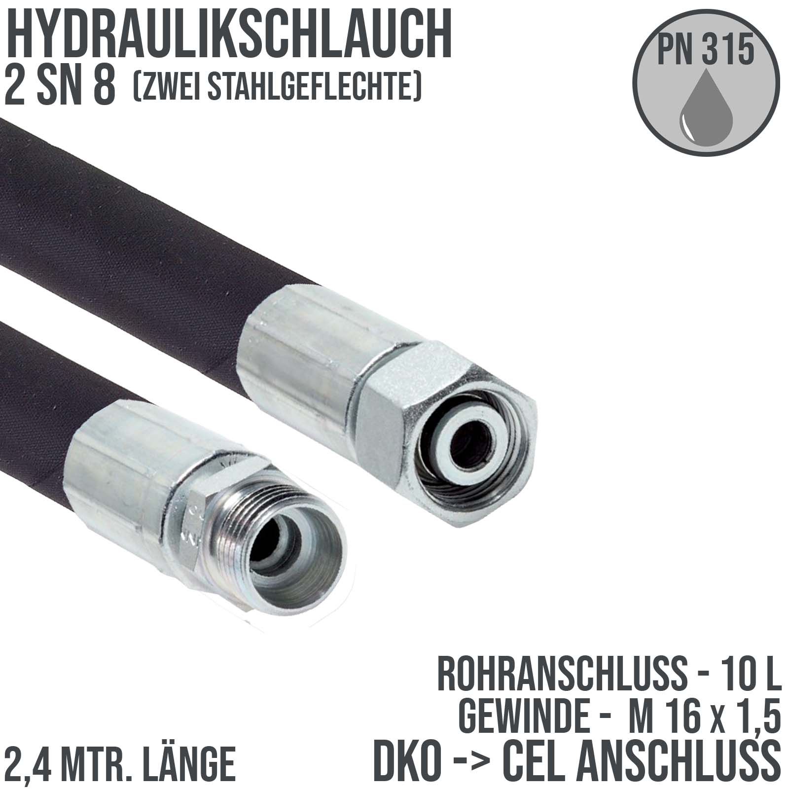 Hydraulikschlauch DN 8 2SN8 - 10 L DKO (IG) auf CEL (AG) Anschluss (M 16 x 1,5) - 2300 mm