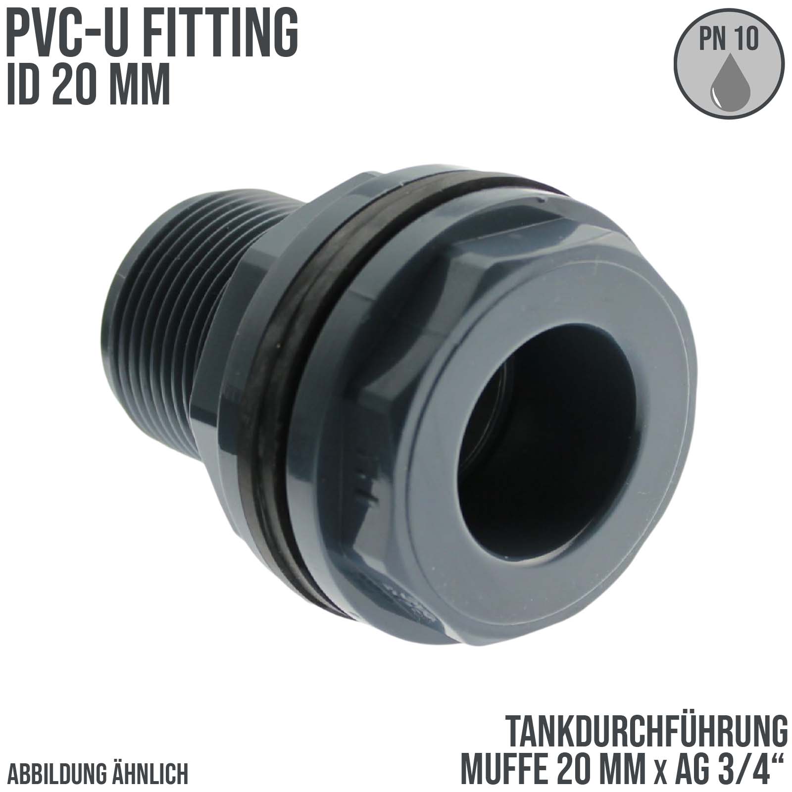 20 mm x 3/4" Zoll PVC-U Tankdurchführung Klebemuffe auf Klebemuffe x Außengewinde AG - PN 10 bar