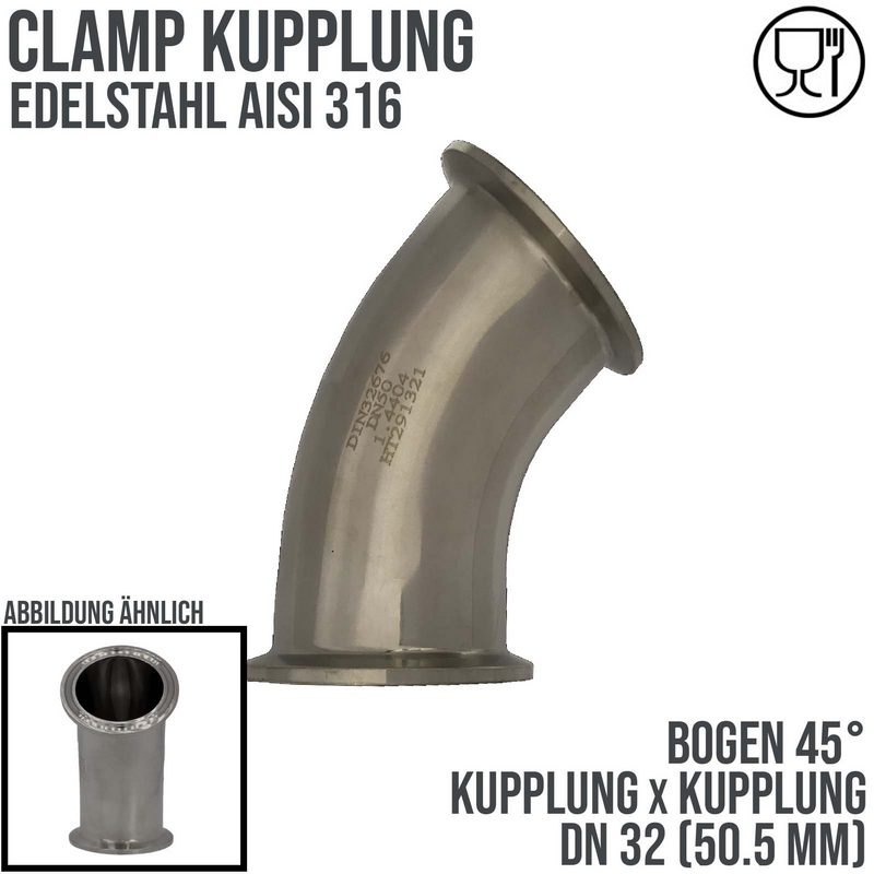 CLAMP Kupplung Bogen 45° 50,5 mm DIN 32676 Flansch Teller DN 32  1 1/4" - PN 16 bar