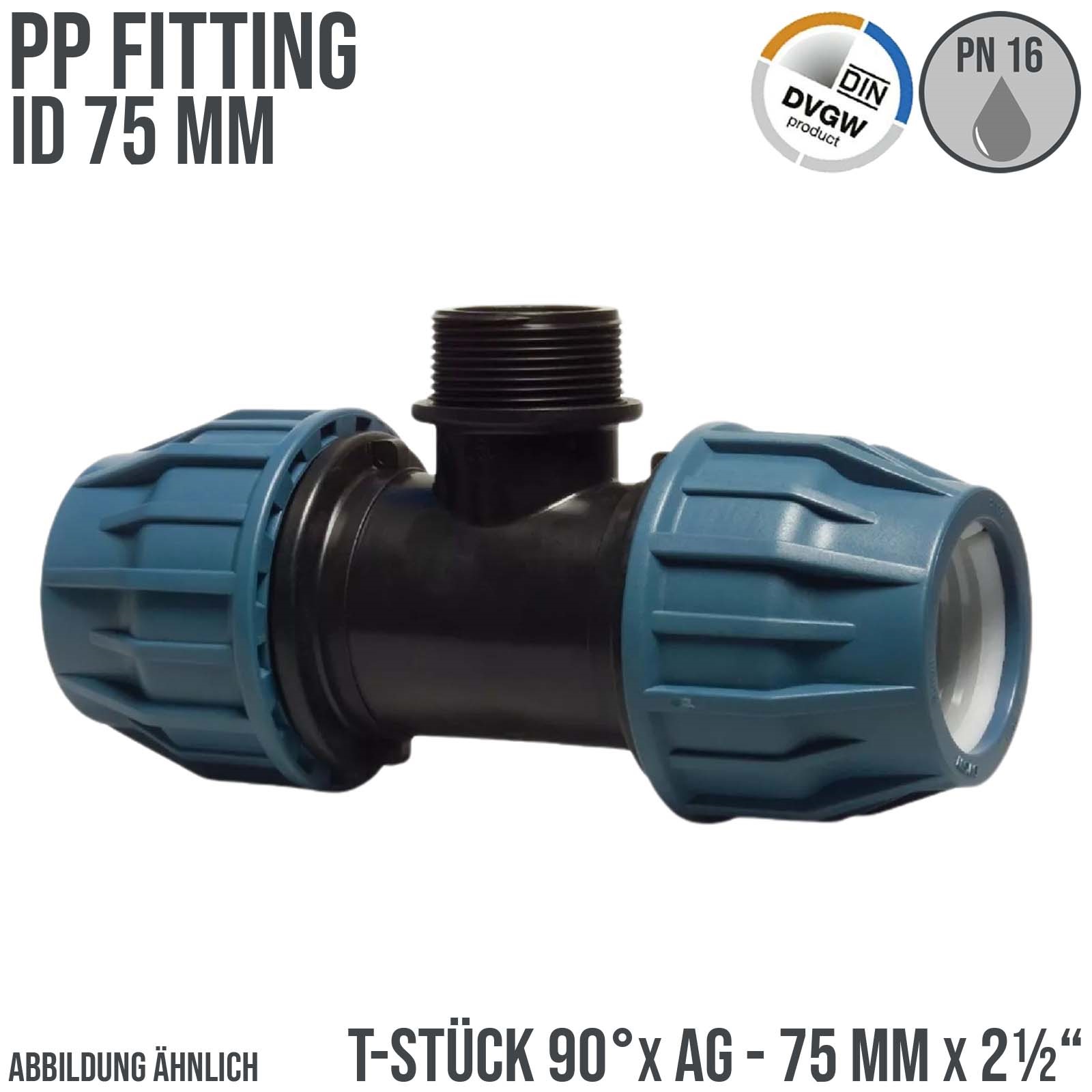 75 mm x 2 1/2" PE PP Fitting Klemm Verbinder Verschraubung Rohr T-Stück 90° x AG DVGW - PN 16 bar 