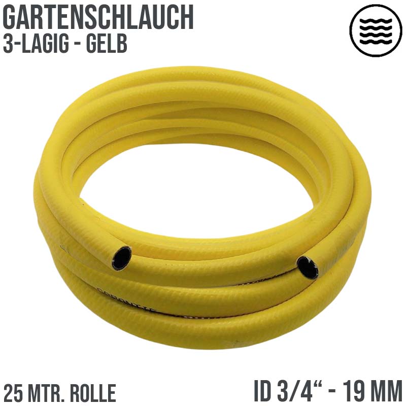 3/4" 19 mm Garten Wasser Bewässerung Universal Schlauch gelb 3 Lagen - PN 6 bar - 25 m