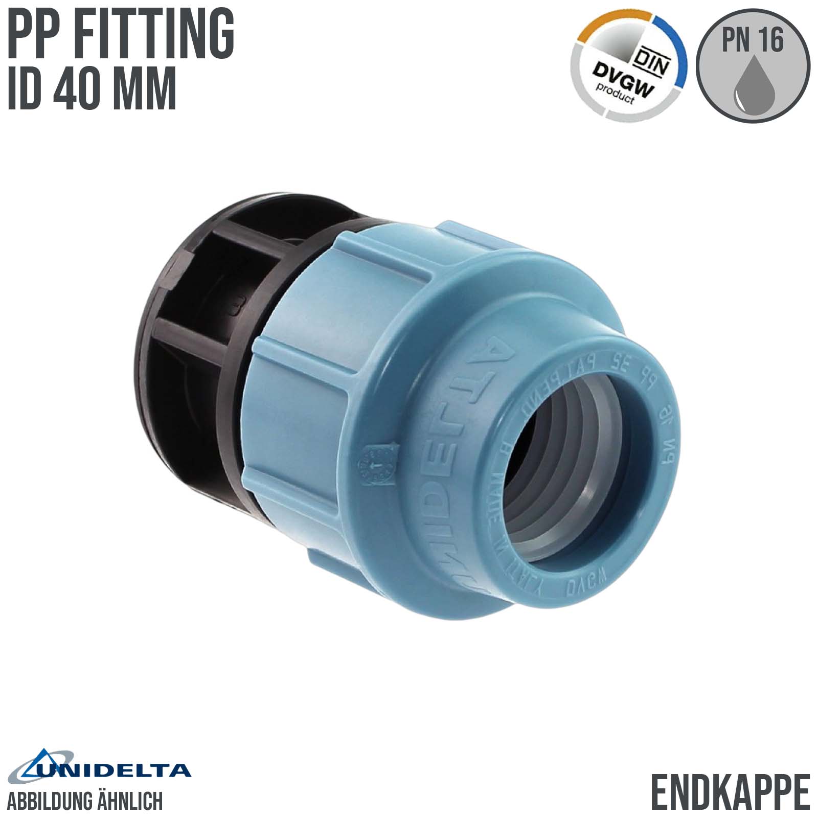 40 mm PE PP Fitting Klemm Verbinder Kappe Endkappe Endstück Muffe Verbinder  DVGW - Unidelta