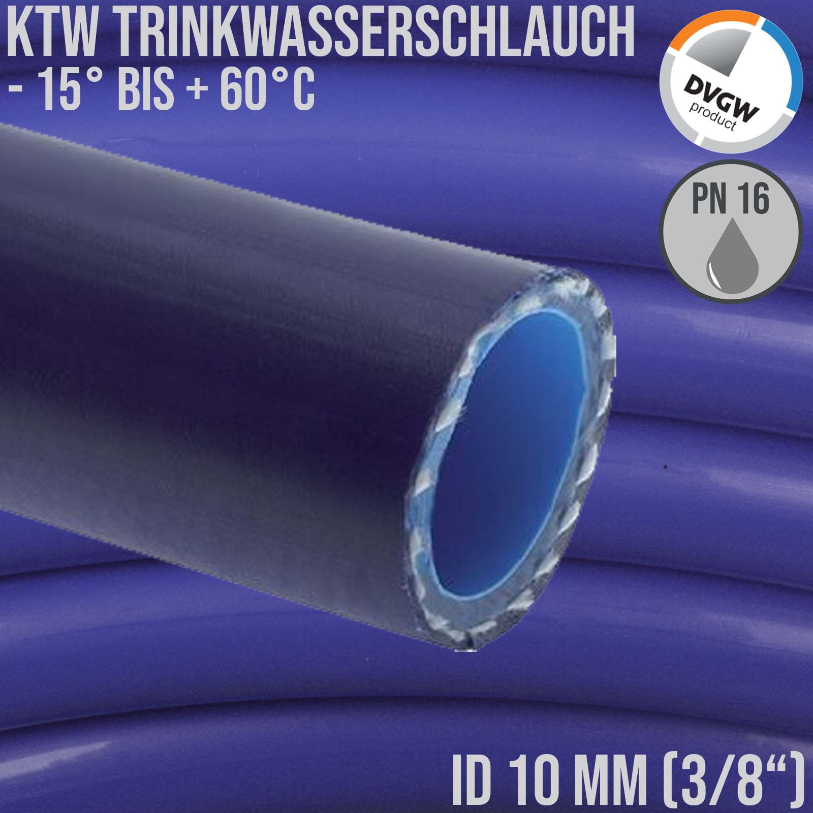 10 mm 3/8" Zoll Trink Wasser Kirmes Volksfest Biergarten Schlauch PE KTW DVGW W 270 blau PN 16 bar