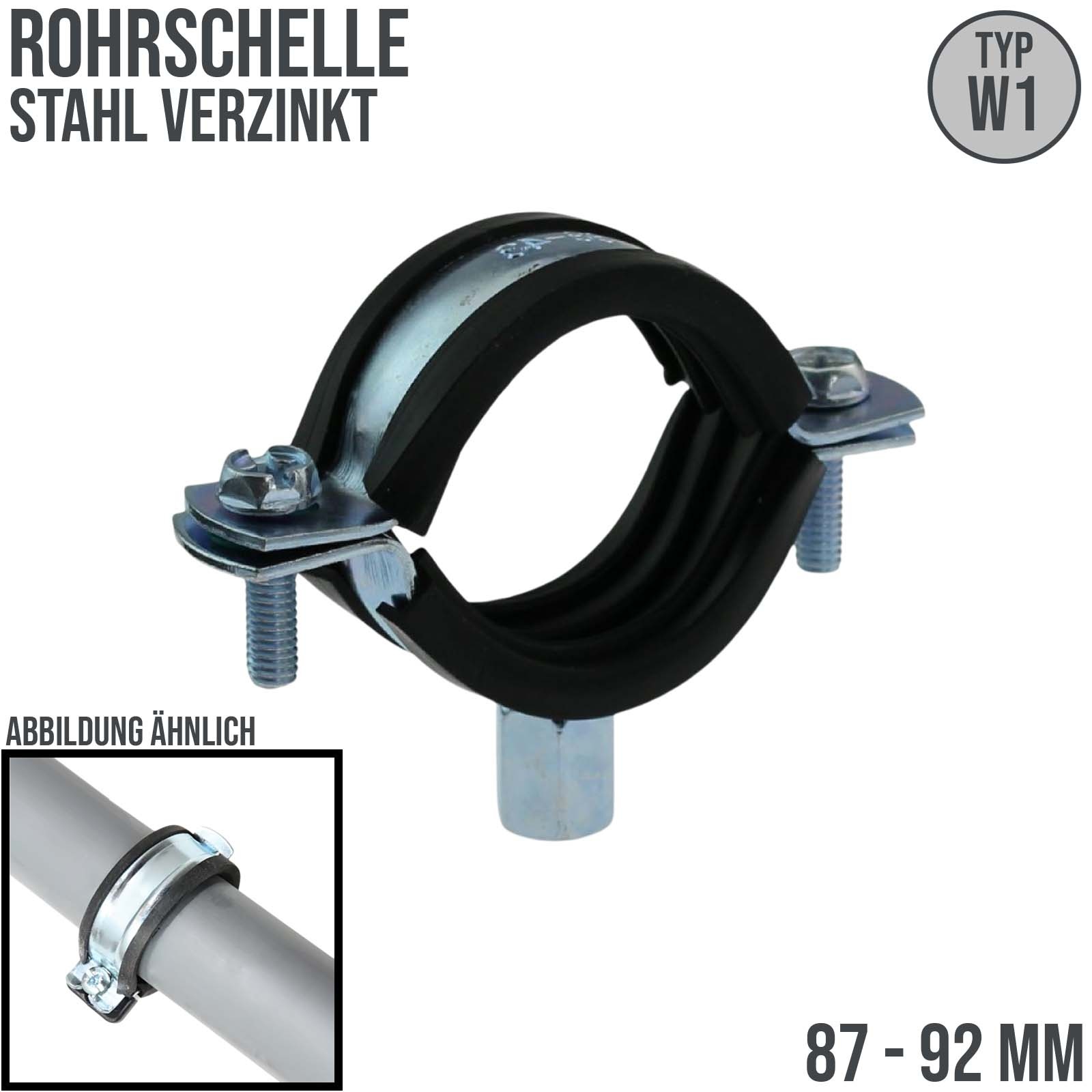 87 - 92 mm Rohr Schraub Schelle Klemme mit Gummieinlage M8 M10 2-teilig W1 Stahl verzinkt DIN 4109