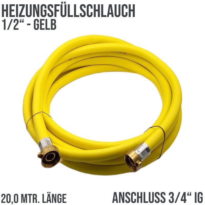 20 m Heizungs Füll Wasser Heizkörper Radiator Sanitär Schlauch gelb - 3/4" Anschluss - PN 8 bar