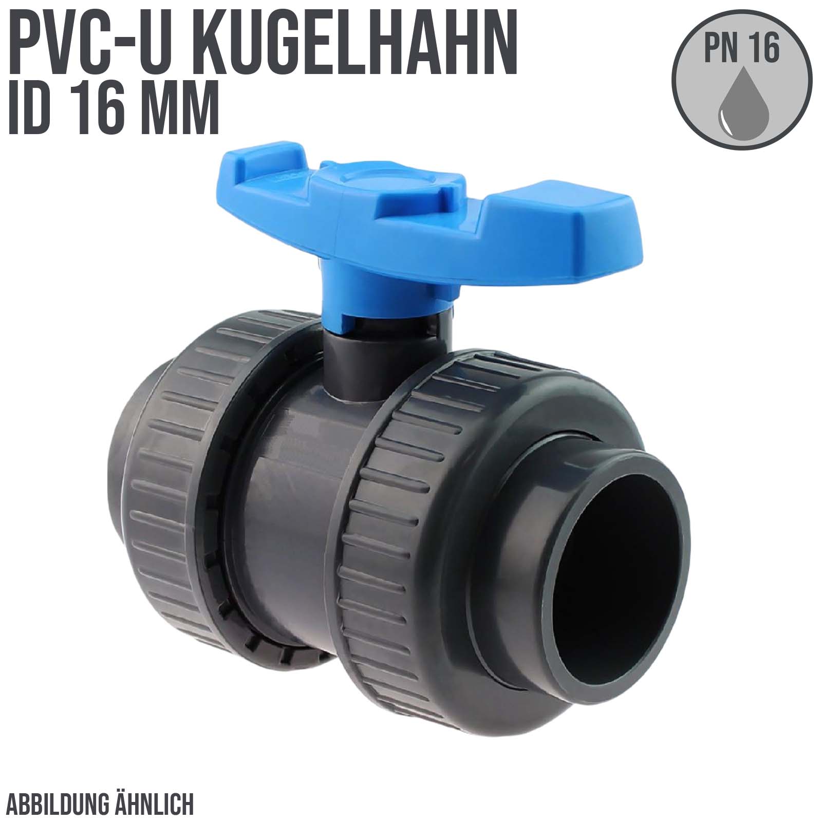 16 mm PVC Kugel Absperr Hahn Ventil beidseitige Klebemuffe Fitting PN 16 bar - blauer Griff