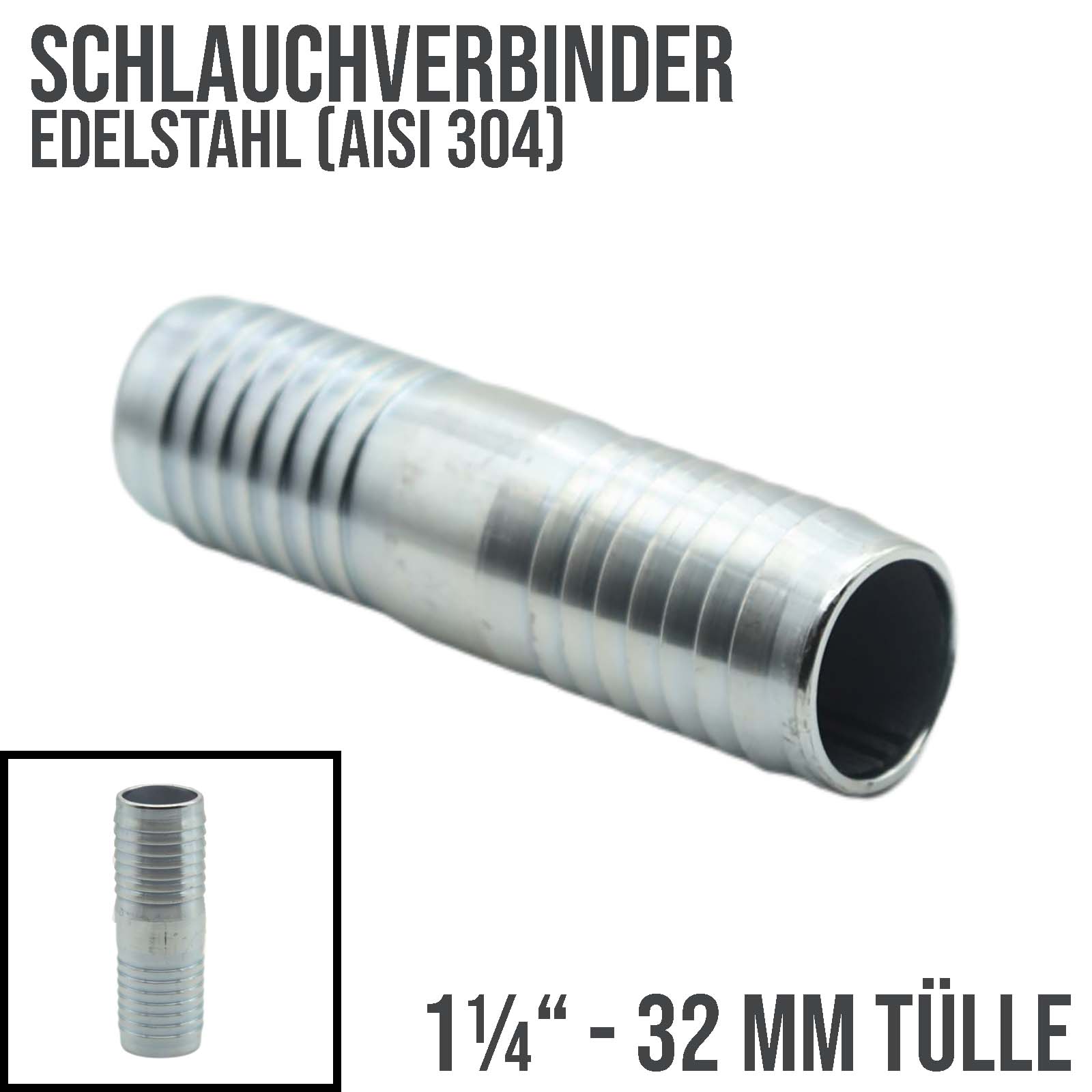 32 mm 1 1/4" Edelstahl AISI 304 Schlauch Verbinder Kupplung Tülle Stutzen massiv PN 10 bar