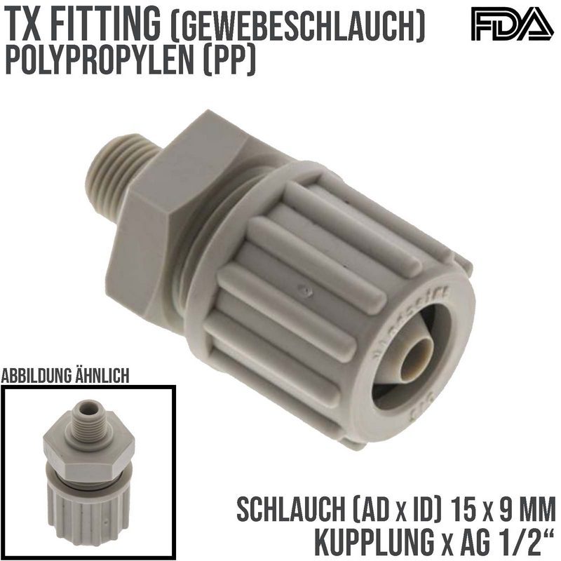 15 x 9 mm x 1/2" Kupplung Außengewinde TX Fitting Gewebe Schlauch Verbinder FDA PP beige - PN 10 bar