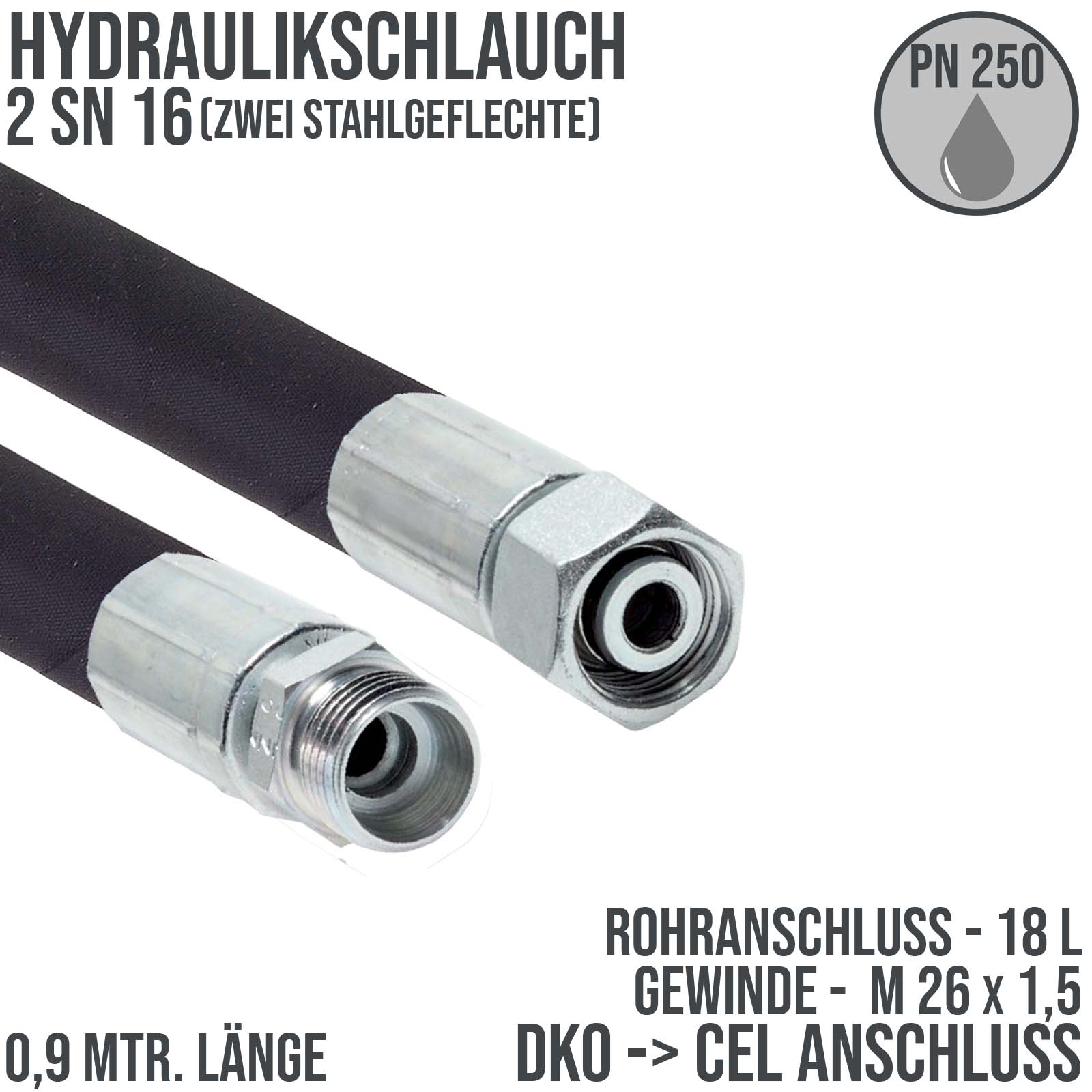 Hydraulikschlauch DN 16 2SN16 - 18 L DKO (IG) auf CEL (AG) Anschluss (M 26 x 1,5) - 900 mm