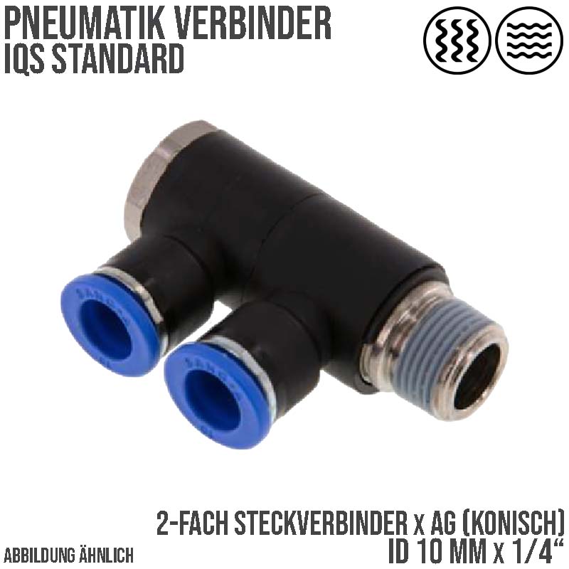 10 mm x 1/4" Pneumatik Steck Verbinder 2-fach Verteiler IQS Außengewinde konisch - PN 20 bar